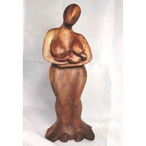 Hand Carved Wood Art Abstract Mother Child Baby Sculpture Figure Indonesia 12"